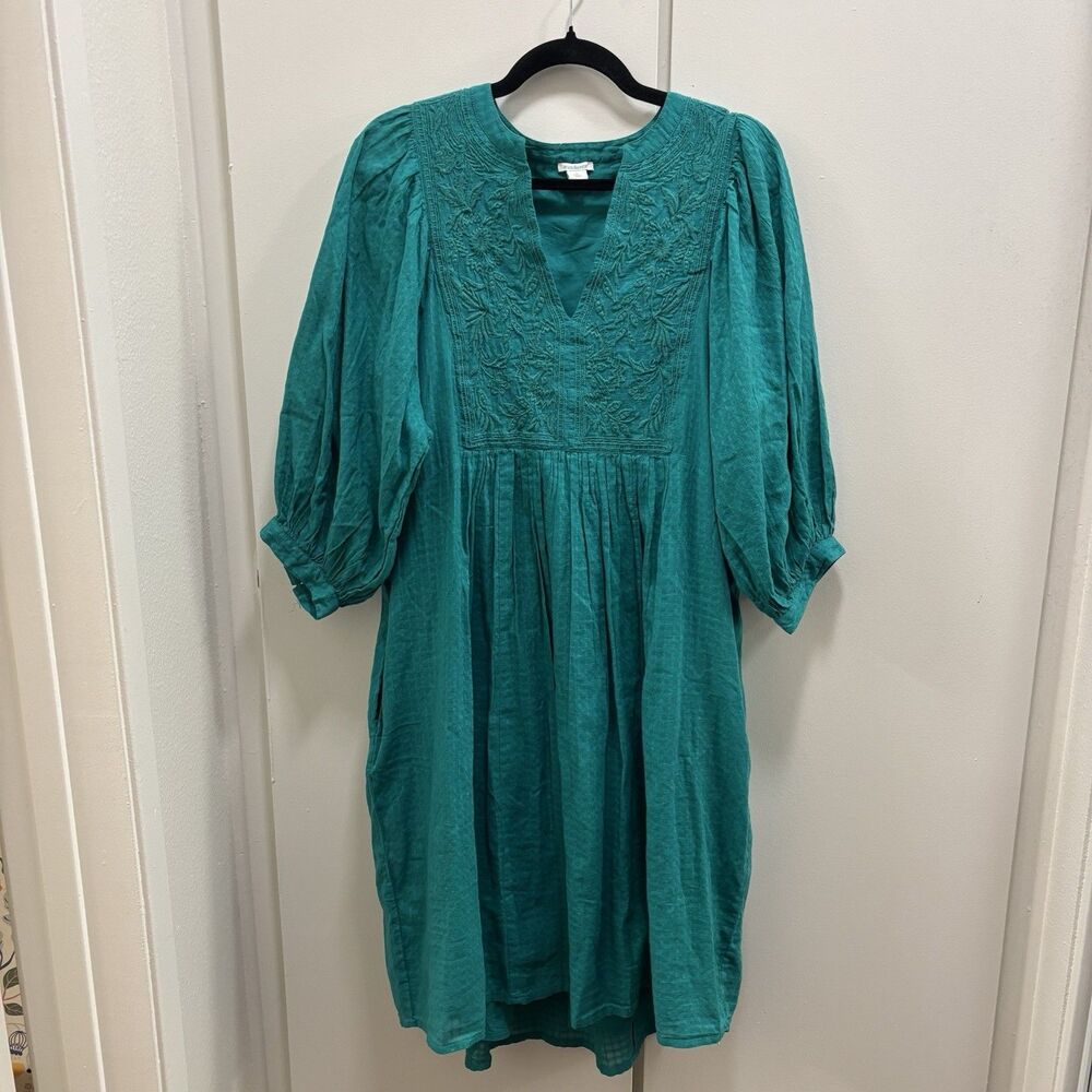 Sundance Sz Large Blue Green Peasant Embroidered Dress Pockets 100% Cotton